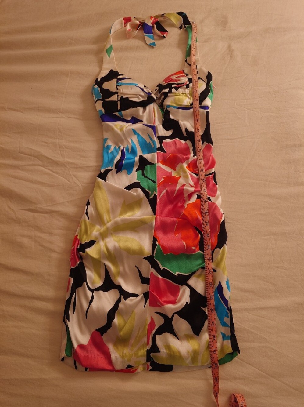 NWOT Floral CACHÉ White Stretch Satin Ruched Halter Mini Dress 2 XS Built-in Bra - Picture 6 of 14